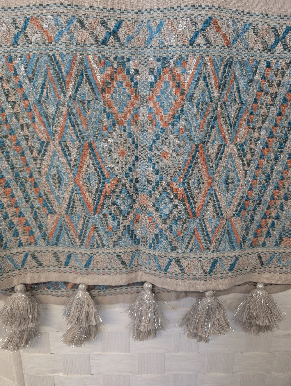 J. Crew Wrap Scarf Bohemian Style  Beige Turquoise Orange Silver Tassel NWT
